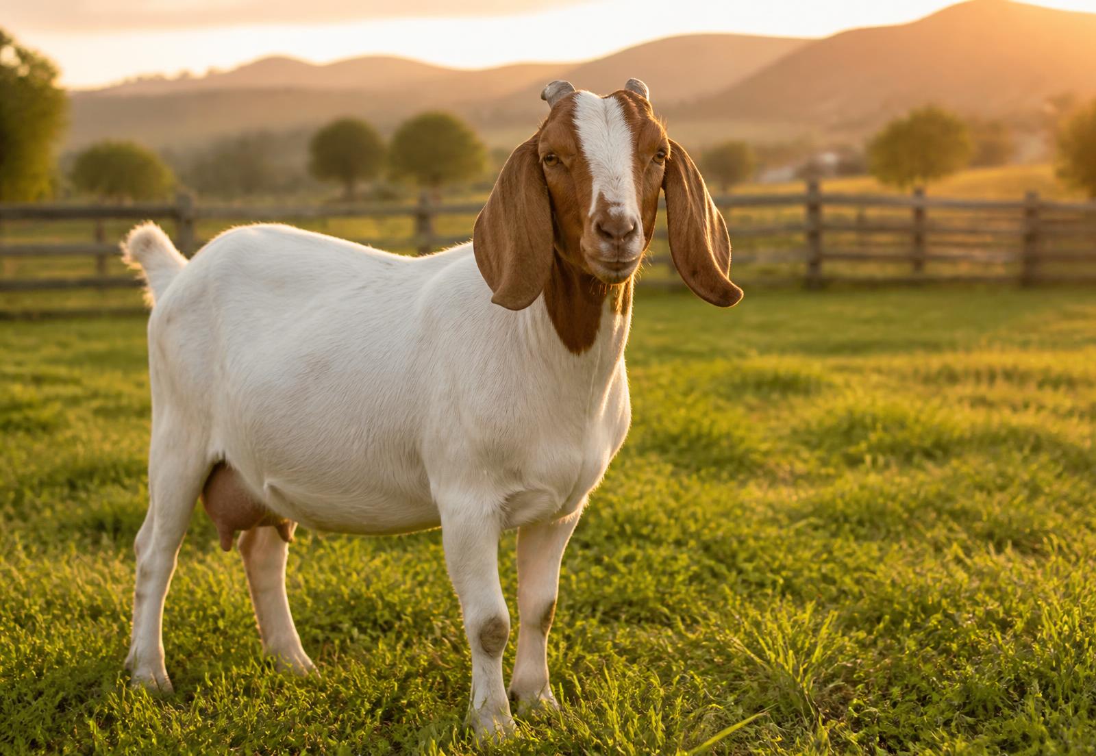 Dairy goat standing in a pasture at golden hour